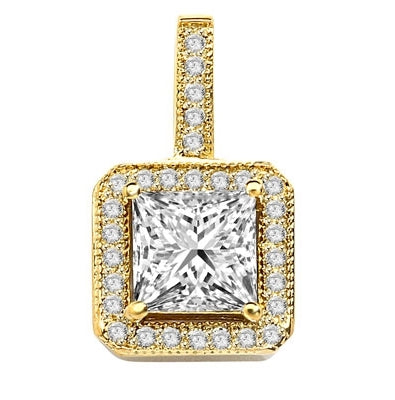 Pretty Princess Cut Diamond Essence centerpiece,surrounded by Round Brilliant Melee in Designer Pendant. 2.0 Cts. T.W. set in 14K Gold Vermeil.