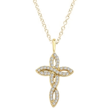 Diamond Essence 1" long Cross Pendant with delicate interwined design, 0.60 ct.t.w. in Gold plated Sterling Silver.