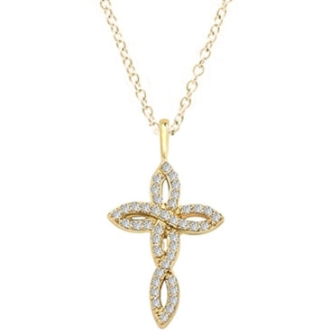 Diamond Essence 1" long Cross Pendant with delicate interwined design, 0.60 ct.t.w. in Gold plated Sterling Silver.