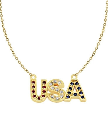 Let the patriotism show this season. Diamond Essence Pendant with Round Ruby, Sapphire and Brilliant Stones, In 14K Gold Vermeil with Chain.