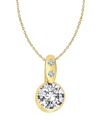 Diamond Essence 2.0 carat round brilliant stone set in bezel setting of 14K Gold Vermeil. Chain not included.