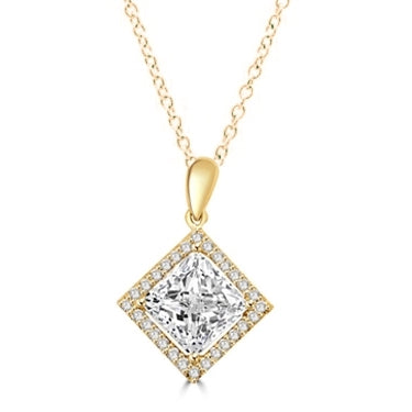 Diamond Essence Designer Pendant with 2.5 ct. Princess Cut Stone sorrounded by Round Stones in 14K Gold Vermeil.