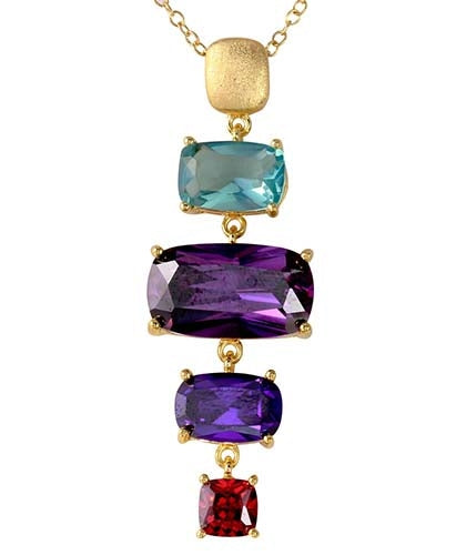 Diamond Essence Gold Plated Sterling Silver Pendant with Multi Color Rectangular Cushion Stones, 1.5 cts. Aquamarine, 5 cts. Dark Amethyst, 1.5 cts. Dark Purple and 0.75 ct. Garnet Essence. 8.75 Cts.T.W.