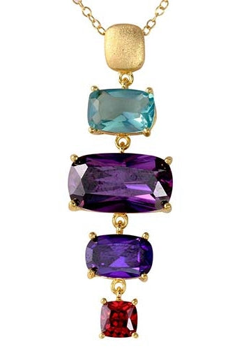 Diamond Essence Gold Plated Sterling Silver Pendant with Multi Color Rectangular Cushion Stones, 1.5 cts. Aquamarine, 5 cts. Dark Amethyst, 1.5 cts. Dark Purple and 0.75 ct. Garnet Essence. 8.75 Cts.T.W.