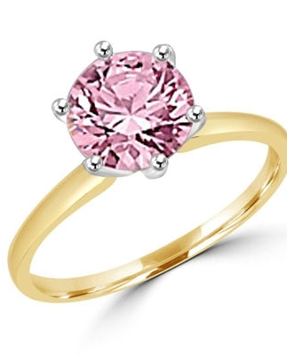 2.0 carat Pink Round Brilliant stone set in, 14k Gold Vermeil, a perfect solitaire ring.