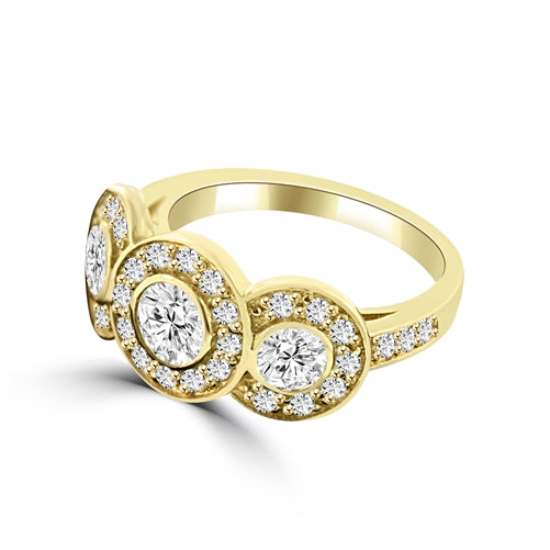 Three stone ring with surrounded melee,1.35 cts. t.w. in 14K Gold Vermeil.