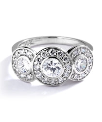 Three stone ring with surrounded melee,1.35 cts. t.w. in 14K Gold Vermeil.
