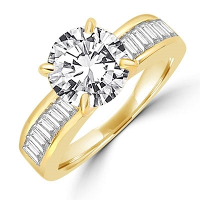 Diamond Essence Ring with 2.0 ct. Round Diamond Essence center with channel set baguettes on each side,2.5 ct. tw.in Gold Vermeil.