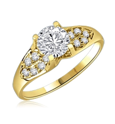 Diamond Essence Designer Ring with 1.0 Ct. Round Brilliant Stone in center accompanied by glittering Melee on sides, 1.50 Cts.T.W. set in 14K Gold Vemeil.