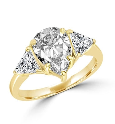 Duse - Ring with Pear Cut Center Stone flanked by Brilliant Trilliant Cut Diamond Essence accents, 3.0 Cts. T.W, in Gold Vermeil.