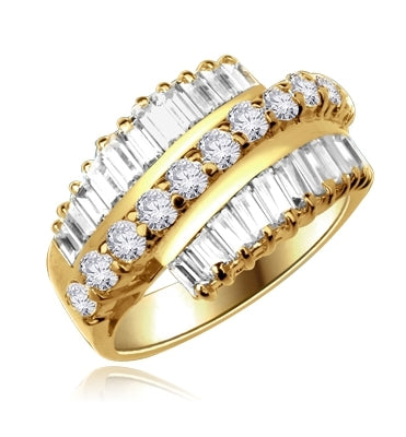 Flourish - Brilliant Ring, 5 Cts. T.W, with Baguettes on two side bands surrounding a Melee of Round Diamond Essence Fireworks! In Gold Vermeil.
