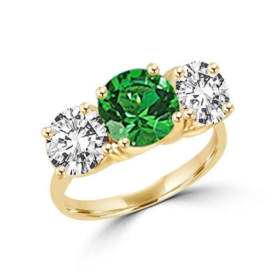 Ring round emerald stone, round brilliant side stones