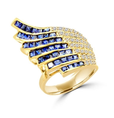 Wildfire - Art Deco Ring with burst of 36 Melee accents followed by 38 flaming Sapphire Essence princess cut jewels. 4.0 Cts. T.W. set in 14K Gold Vermeil.