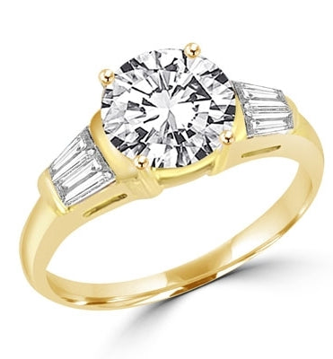 Majestic ring with 2.0 cts. round double cut center and baguettes tapered around both sides. 3.0 cts.t.w. in Gold Vermeil.