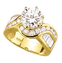 Diamond Essence Designer Ring With 2 Cts. Round Brilliant Set In Six Prongs And Brilliant Channel Set Baguettes And Melee On The Band In 14K Gold Vermeil, 4 Cts.T.W.