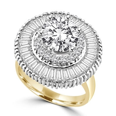 Ring round stone encircled by baguettes