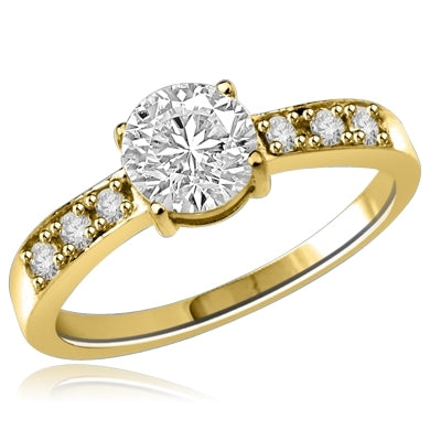 A thoroughbred design that stands the test of time. 0.75 Ct. Round Center Stone and melee accents galloping handsomely down the band. 1.0 Ct. T.W. set in 14K Gold Vermeil.