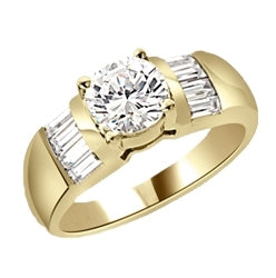 Classic ring with 1 carat Diamond Essence round brilliant with baguettes on each side. 2.0 cts.t.w. in Gold Vermeil.