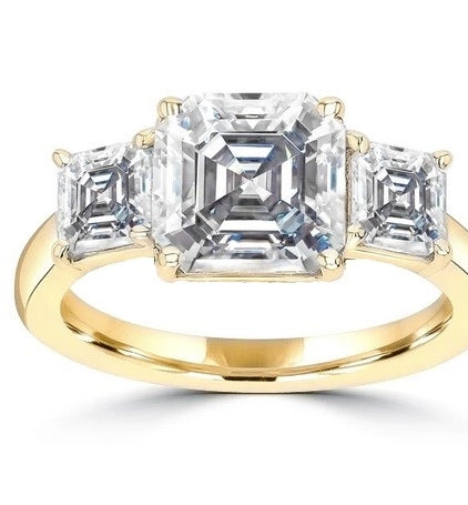 Three Stone Ring - 2.0 Carat Asscher Cut Diamond Essence Stone in the center and 0.5 carat Asscher Cut Diamond Essence stones on each side.3.0 cts. t.w.