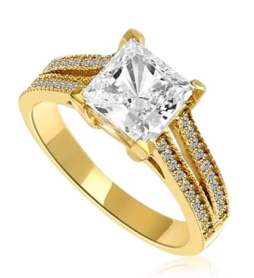 Diamond Essence Ring with Princess in Center accompanied by two rows of melee on each side. 3.25 Cts T.W. set in 14K Gold Vermeil.