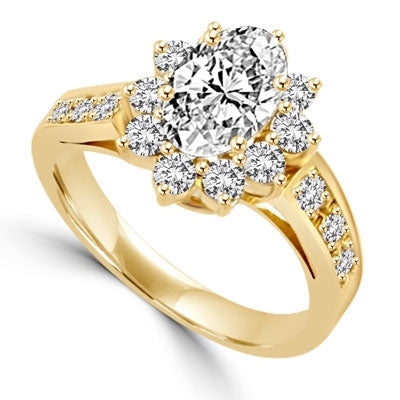 Wide Band Flower Ring sparkles with 1.5 Cts. Oval Center and Round Brilliant Accents and Melee on the band. In 14k Gold Vermeil.
