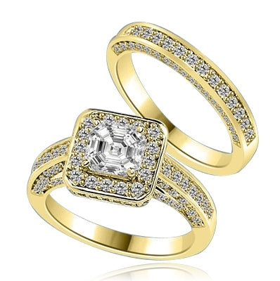 Wedding set with sparkles all around-1.25 Cts. Asscher cut Diamond Essence set in the center, outlined with Melee around and on the band. Curved matching band with sparkling melee, 2.75 Cts.T.W. in Gold Vermeil.