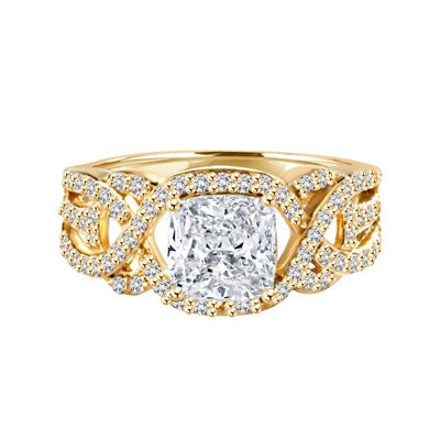 Cushion cut Diamond Essence set high in the center with melee around and on the band