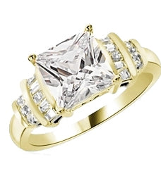 Diamond Essence Designer Ring With 3 Cts. Princess Cut Center Set in Four Prongs, Baguettes and Melee On Each Side,3.50Cts.T.W in 14K Gold Vermeil.