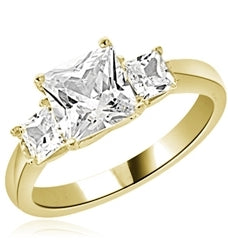 Diamond Essence Three Princess Stones Ring with 1.50 Cts. Center and 0.25 Cts. on each side,2 Cts.T.W. set in 14K Gold Vermeil.