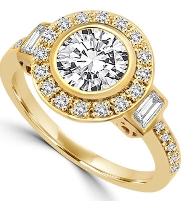 Diamond Essence Designer Ring with 1.50 Cts. Round Brilliant Center Surrounded By Brilliant Melee And Baguettes, 2.0 Cts.T.W. In 14K Gold Vermeil.