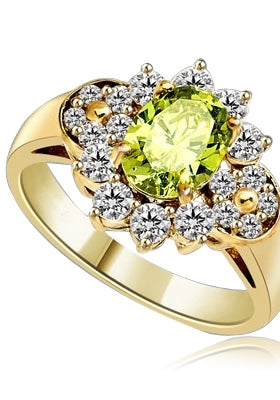 Floral Ring - 1.25 Cts. Oval cut Peridot Essence set in center with Round brilliant Diamond Essence on top and bottom and cluster of Melee, making floral design, on either side of band. 2.0 Cts. T.W. set in 14K Gold Vermeil.
