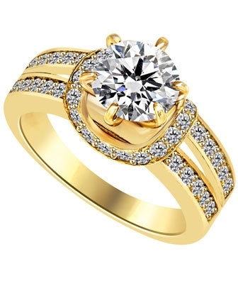 Engagement Ring- 1.75 Cts. Tiffany set Round Brilliant Diamond Essence in center enhanced by melee in curvd setting and two rows of melee on each side, adding more sparkles. 2.25 Cts T.W. set in 14K Gold Vermeil.