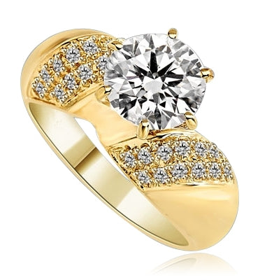 Sparkling Twist - 2.0 Cts. Round Brilliant Diamond Essence Set in center with cluster of Melee, on each side making twisted design, 2.35 Cts. T.W. set in 14K Gold Vermeil.