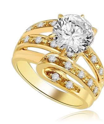 Abstract Art - 2.75 Cts. Round Brilliant Diamond Essence set high in center with Melee set abstract design flowing underneath center to halfway down the band.3.25 Cts. T.W. set in 14K Gold Vermeil.