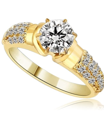 Engagement Ring- Tiffany set, 1.0 Ct Round Brilliant Diamond Essence in center with cluster of sparkling Melee on the band. 1.25 Cts T.W. set in 14K Gold Vermeil.