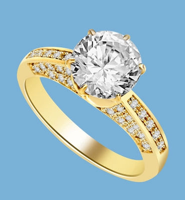 Diamond Essence Designer Ring with 2.0 Cts. Round Brilliant Diamond Essence in Center and melee set on three sides of band, 3.90 Cts. T.W. set in 14k gold vermeil.