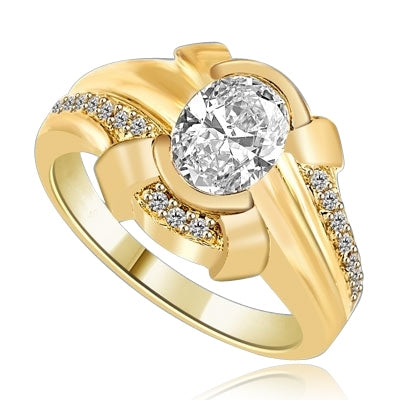 1.25 Cts. Chanel set Oval cut Diamond Essence in center with Melee on top and bottom flowing down on band, 1.50 Cts. T.W. set in 14K Gold Vermeil.