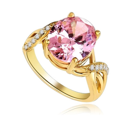 Diamond Essence Designer Ring with 5.0 Cts. Pink Oval in center, accompanied by melee on band, 5.65 Cts.T.W. set in 14K Gold Vermeil.
