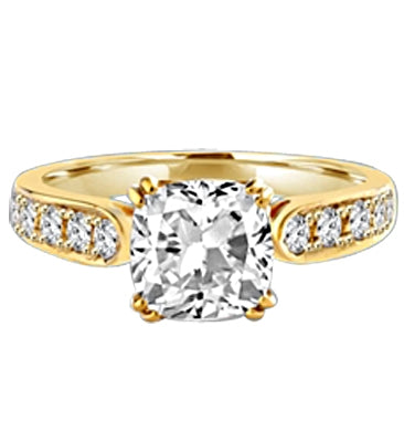 Diamond Essence Ring with 2.0ct. Cushion Cut stone set in eight prongs with round stones on each side, 3.5ct. T.W. set in 14K Gold Vermeil.