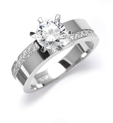 Diamond Essence Ring with 2.0ct. Round brilliant stone set in six prongs with round stones on each side, 2.5cts. T.W. set in 14K Gold Vermeil.