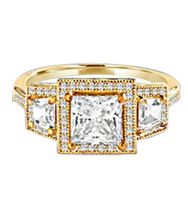 Diamond Essence Ring with 1.5ct. Princess Cut stone set in four prongs with baguettes on each side surrounded by round stones, 2.5ct.T.W. set in 14K Gold Vermeil.