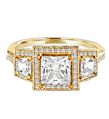 Diamond Essence Ring with 1.5ct. Princess Cut stone set in four prongs with baguettes on each side surrounded by round stones, 2.5ct.T.W. set in 14K Gold Vermeil.