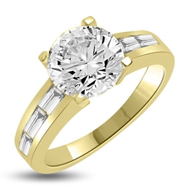 Baguetted Beauty! 1.25 Cts. Round Brilliant Diamond Essence mounts on top pf elegant Baguettes on the band. Appx. 2.5 Cts. T.W. set in 14K Gold Vermeil.