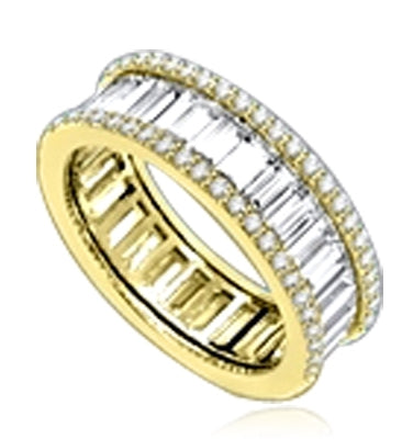 Magnificent Eternity Band with Diamond Essence Baguettes all around, outlined with Diamond Essence melee in delicate prong setting of 14k Gold Vermeil. 4.5 Cts. T.W.