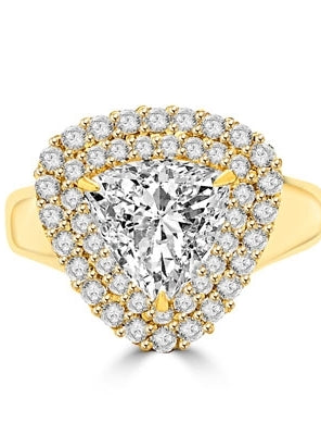 Beautiful designer Ring - Trilliant cut Diamond Essence, 3 ct center set in three prongs setting, surrounded by two rows of Diamond Essence melee. 5.25 cts.t.w.in 14K Gold Vermeil.