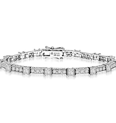 Beautiful Designer Bracelet, with Diamond Essence Princess cut masterpieces linked interestingly with cusp of round accent in ethnic looks. Appx. 7.0 Cts.T. W. in 14k Solid White Gold.
