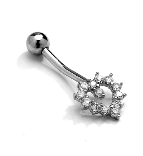 Diamond Essence 14K Solid White Gold Belly Button Ring with 0.35 Ct. Round melee in Heart Setting nd Screw On Gold Ball.