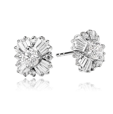Magnificent star bright Earrings with Round Brilliant Diamond Essence and Baguettes Masterpieces, 1.25 Cts. T.W. in 14K Solid White Gold.