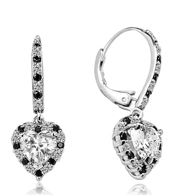 Diamond Essence leverback earrings, 1.0 Ct. each, Heart shape Diamond Essence surrounded by alternately set Onyx and Diamond Essence Melee, which flows on leverback also for additional sparkle. 4.0 Cts. T.W. set in 14K Solid White Gold.