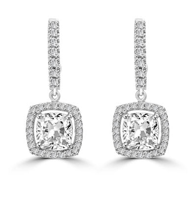 Diamond Essence Leverback Earrings with 1.0 ct. Cushion cut Round Brilliant Melee, 2.50 cts.t.w. in 14K White Gold.